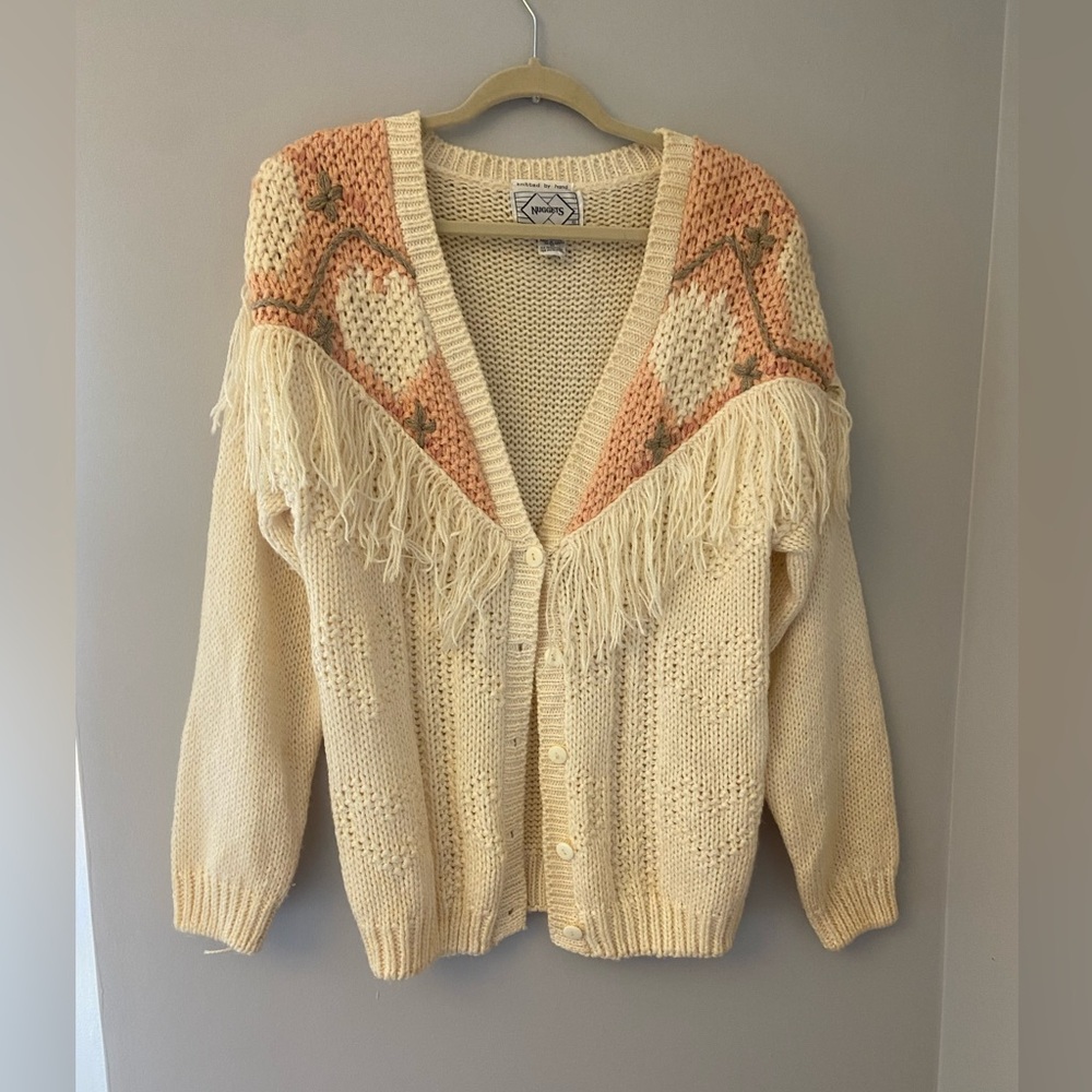 Vintage Nuggets Fringed hand-knit cardigan sweater size medium